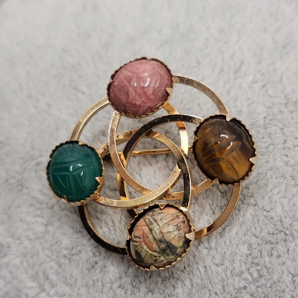 Vintage 12K Gold Filled Scarab Multi Gemstone Egyptian Revival Brooch by Bal Ron